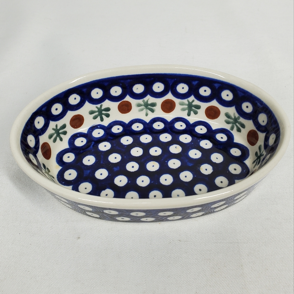 Vtg Boleslawiec Poland Pottery Dots Small Oval Baker Dish 6"x4" Blue White